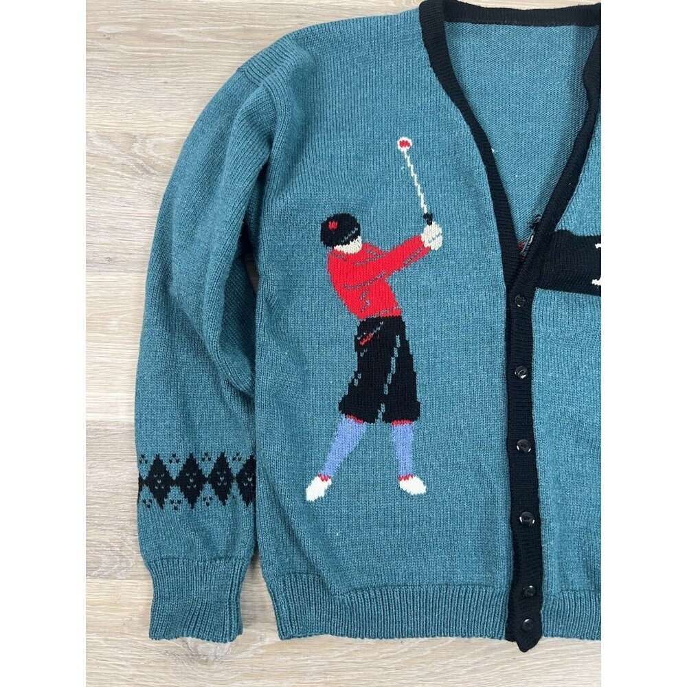 Golf Themed Knit Cardigan Sweater Men's Large Grandpa Button Up 90s Golfing - Picture 3 of 13